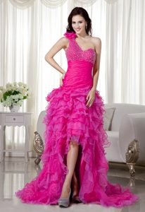 Hot Pink One Shoulder Beaded Homecoming Party Dress with Ruffles