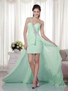 One Shoulder Hi-Lo Ruched Chiffon Apple Green Appliqued Homecoming Dress