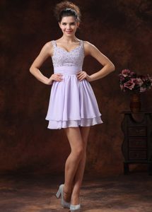 Straps Mini-length Lilac Layered Chiffon Homecoming Party Dress with Beading
