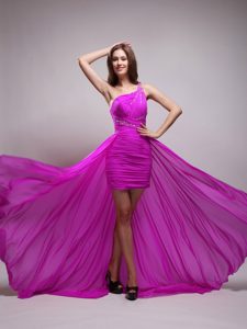 One Shoulder High-low Ruched Beaded Fuchsia Homecoming Dress