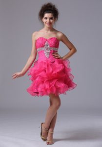 Hot Pink Sweetheart Mini-length Homecoming Dress with Beading and Ruffles