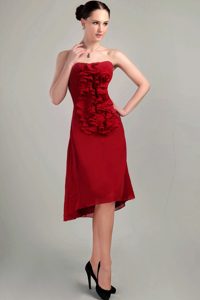 Wine Red Column Strapless Asymmetrical Homecoming Dresses with Ruffles