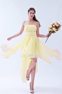 Light Yellow Strapless Asymmetrical Prom Homecoming Dress with Beading