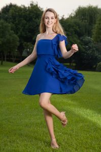 Blue Mini-length Chiffon Homecoming Mini Dress with Single Shoulder