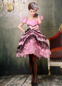 Square Ruffled Baby Pink and Black Dress for Homecoming with Cap Sleeves