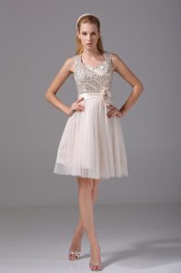 Cream Colored Sequined Chiffon Prom Homecoming Dress with Hand Flower