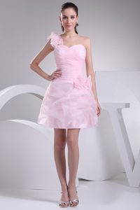 Single Shoulder Baby Pink Ruched Homecoming Dresses with Hand Flowers