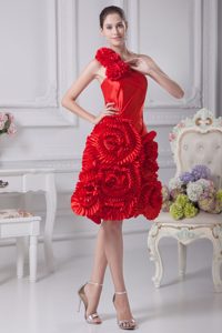 Red One Shoulder Prom Homecoming Dresses with Rolling Flowers for Cheap