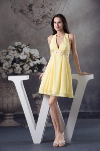 Light Yellow Halter Top Beaded Homecoming Dress in Chiffon with Appliques
