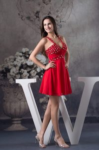 Sexy V-neck Red Prom Homecoming Dress with Shining Rhinestone on Sale