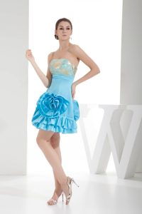 Aqua Blue Strapless Homecoming Dress with Embroidery and Hand Flowers