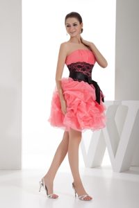 Watermelon Strapless Ruched Prom Homecoming Dress with Sash and Lace