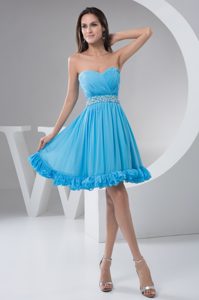 Aqua Blue Sweetheart Ruched and Beaded Homecoming Dresses in Chiffon