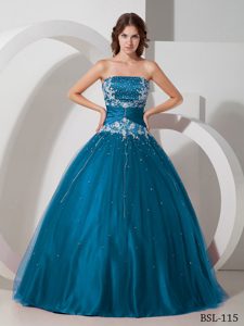 Ball Gown Strapless Perfect Taffeta Appliqued Sweet Sixteen Dress in Blue