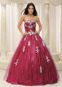 Strapless Rust Red Tule Quinceanera Dresses with Beading and Appliques