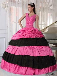 V-neck Hot Pink and Black Cheap Quince Dress with Ruffles and Beading