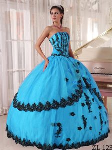 Discount Strapless Sweetheart Appliqued Dresses for Quinceanera in Blue