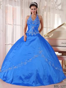 Custom Made Blue Halter Beaded Sweet 16 Dress in Taffeta with Appliques