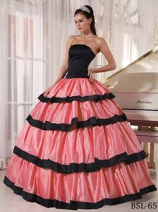 Ball Gown Straps Cheap Taffeta Quince Dresses in Watermelon and Black
