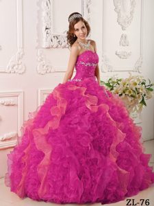 Nice Strapless Hot Pink Beaded Organza Quinceanera Gown with Ruffles