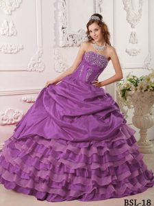 Beautiful Strapless Beaded Taffeta Purple Quinceanera Dress with Ruffles