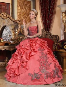 Ball Gown Strapless Beaded Taffeta Cute Quinces Dresses in Coral Red