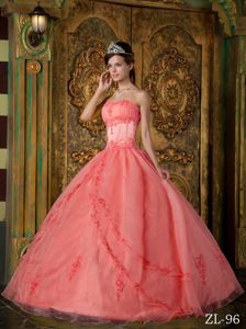 Cheap Watermelon Strapless Organza Quinceanera Dresses with Beading