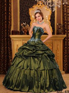 Strapless Olive Green Ruffled Quinces Gowns on Promotion with Appliques