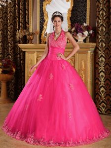 Hot Pink Ball Gown Halter tulle Quinceanera Dress with Appliques on Sale