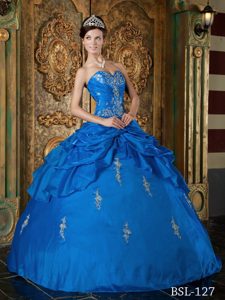 Nice Strapless blue Cheap Quinceanera Dress with Appliques and Ruffles