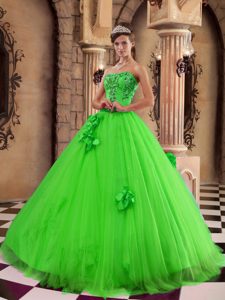 Attractive Strapless Beaded Quinceanera Dress in Green in Satin and Tulle