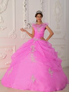 Pink Flirty V-neck Quinces Dresses in Taffeta and Organza with Appliques