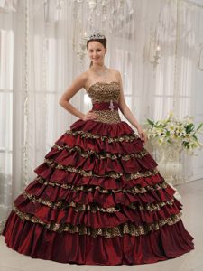 Burgundy Dresses for Quinceanera Taffeta and Leopard with Ruffled Layers