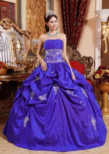 Amazing Royal Blue Ball Gown Appliques Strapless Quince Dress in Taffeta