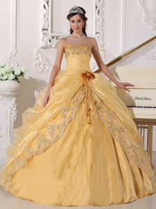 Vintage Gold Strapless Beaded Quince Dress in Organza with Embroidery