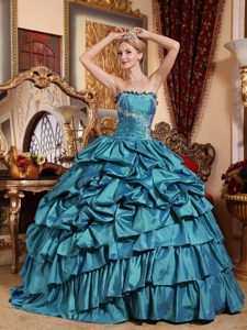 Important Teal Ball Gown Strapless Quince Dress in Taffeta with Appliques