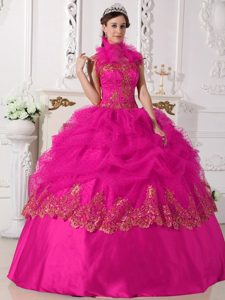 Necessary Hot Pink Halter Top Quinceanera Dress in Taffeta with Beading