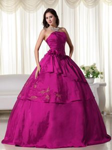 Latest Fuchsia Strapless Dresses for a Quinceanera in Taffeta with Flowers