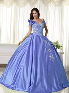 Blue Ball Gown Off the Shoulder Embroidery Dresses for Quince in Taffeta