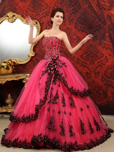 Coral Red Strapless Sweet Sixteen Quinceanera Dresses with Court Train