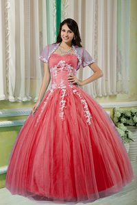 Exquisite Watermelon Red Sweetheart Quince Dress in Tulle with Appliques