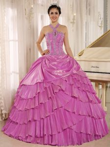 Well-packaged Halter Hot Pink Pleating Quinceanera Dresses with Beading