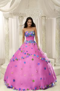 Tasty Hot Pink Lace-up Quince Gowns with Colorful Appliques in Taffeta