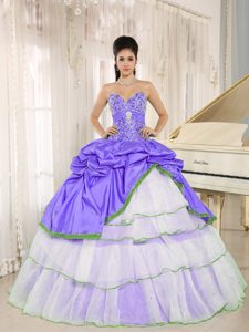 Voguish Sweetheart Beads Quince Dress in Purple and White with Pick-ups