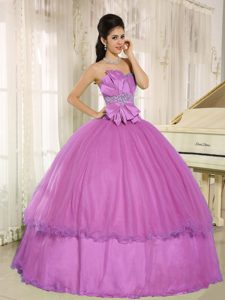 Beaded Bowknot Quince Dress Gowns in Rose Pink in Taffeta and Organza