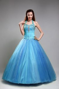 Breathtaking Halter Tulle Dress for Quinceaneras with Beading in Aqua Blue