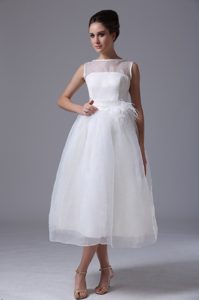 Informal Bateau Tea-length Organza Zipper-up Bridal Gown with Feather