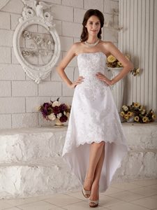 Popular Strapless High-low Lace Bridal Gown with Embroidery and Beads