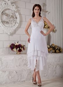 Cute V-neck Wedding Dresses to Tea-length in Chiffon with Embroidery