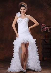 Nice High-low Wedding Reception Dress with Ruched Bodice and Ruffles